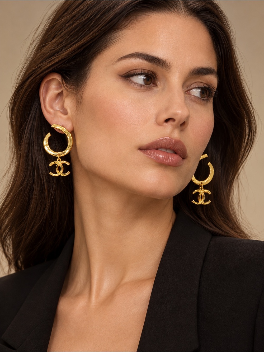 CHANEL Gold CC Hoop Drop Earrings